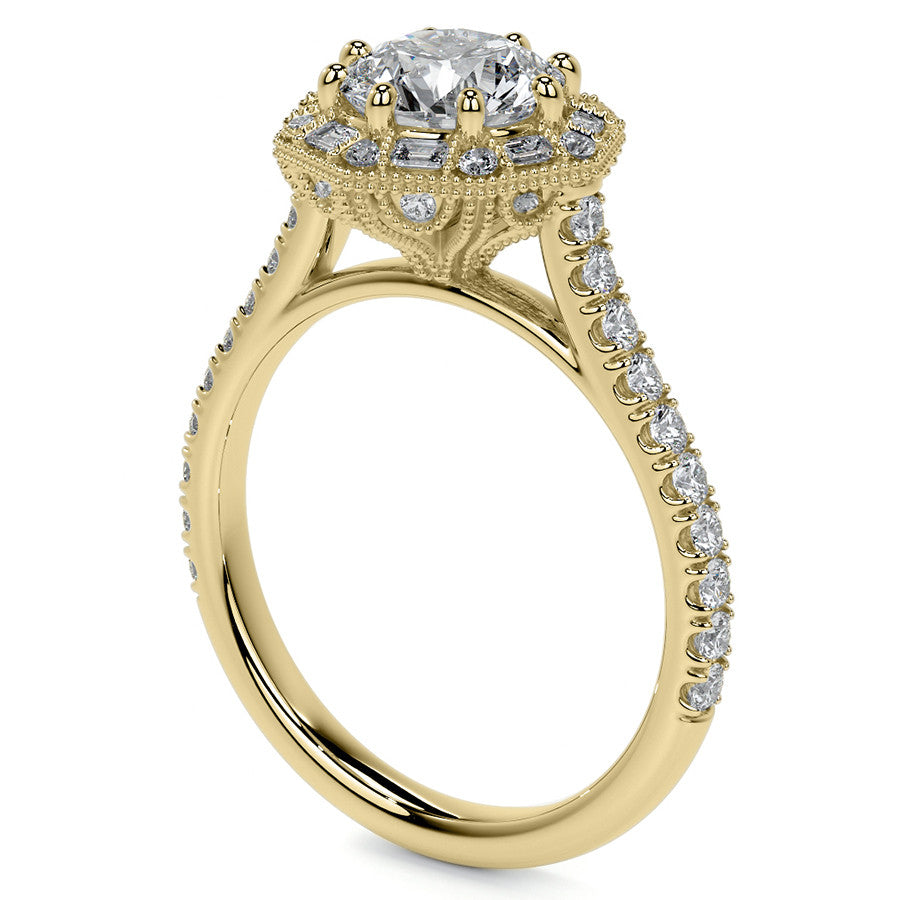Baguette and Round Diamond Octagon Halo Moissanite Engagement Ring