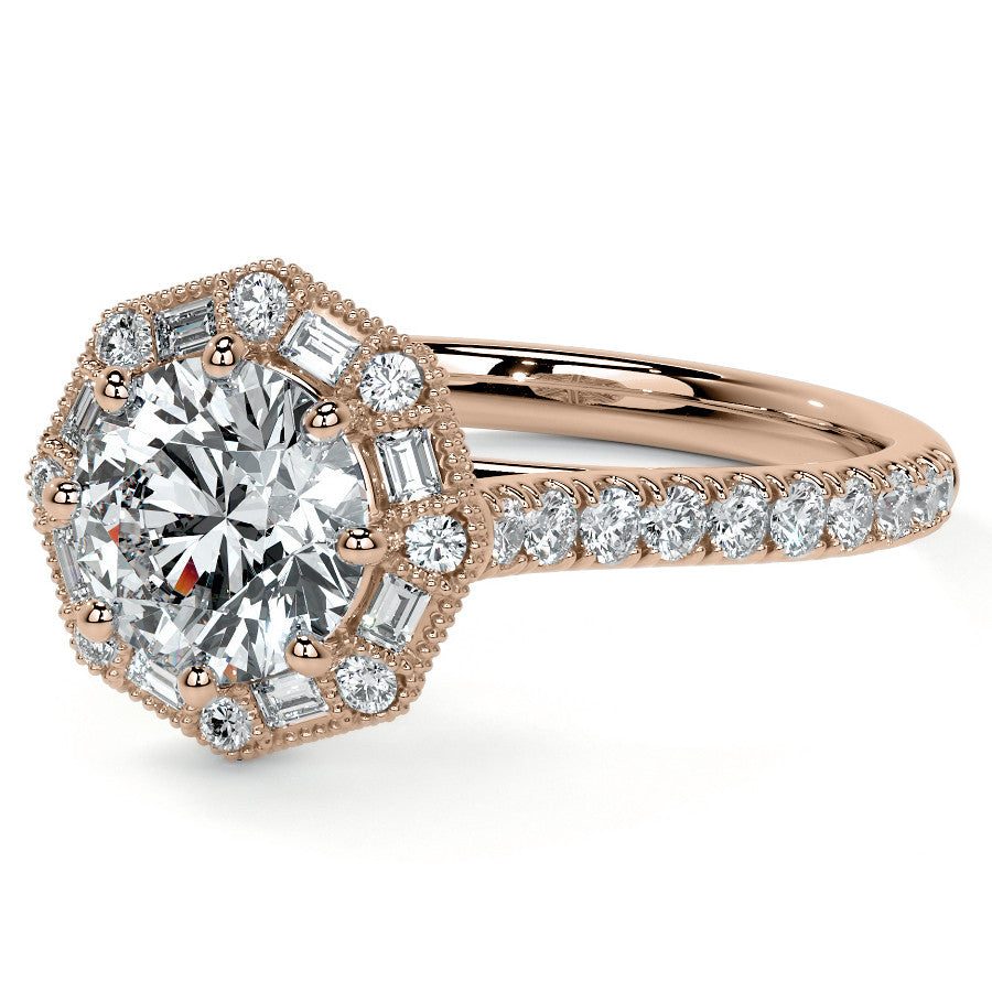 Baguette and Round Diamond Octagon Halo Moissanite Engagement Ring