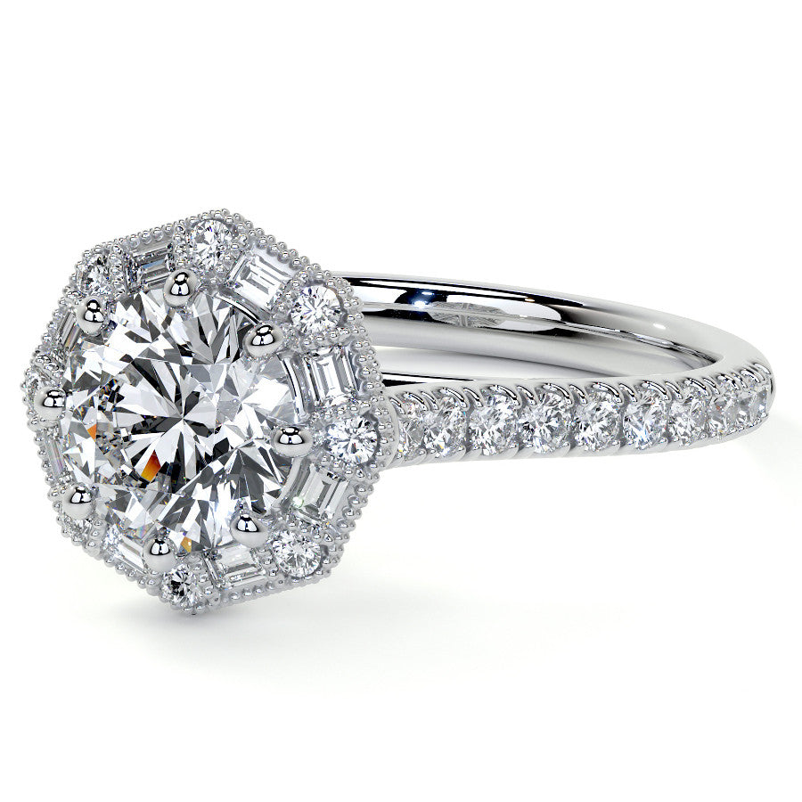 Baguette and Round Diamond Octagon Halo Moissanite Engagement Ring