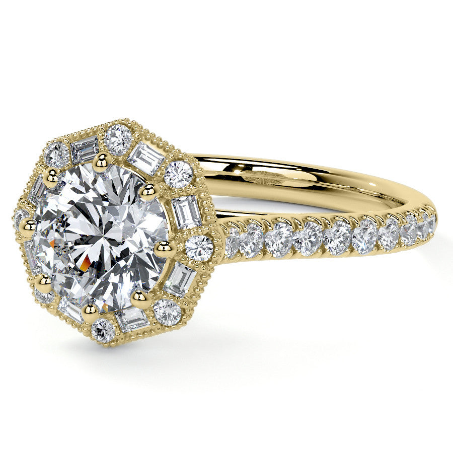 Baguette and Round Diamond Octagon Halo Moissanite Engagement Ring