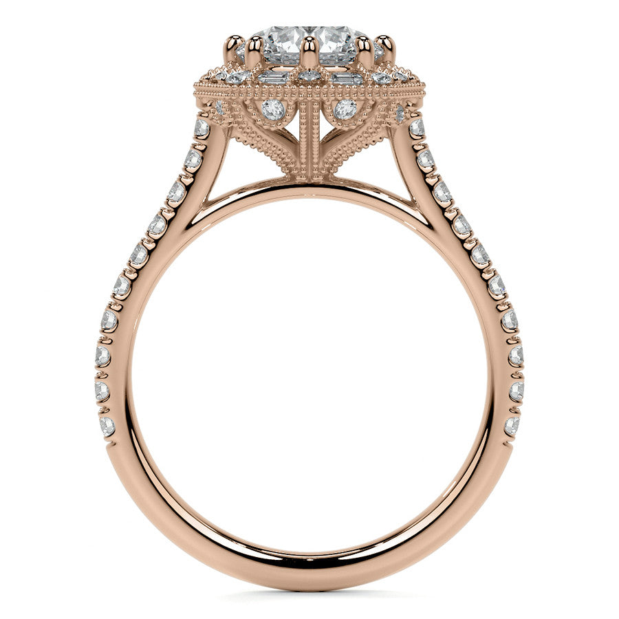 Baguette and Round Diamond Octagon Halo Moissanite Engagement Ring