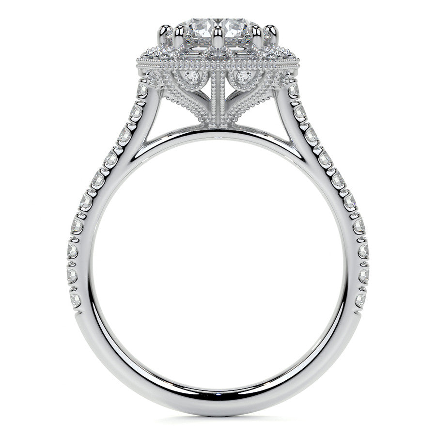 Baguette and Round Diamond Octagon Halo Moissanite Engagement Ring