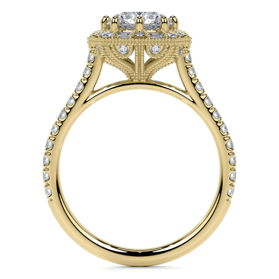 Baguette and Round Diamond Octagon Halo Moissanite Engagement Ring