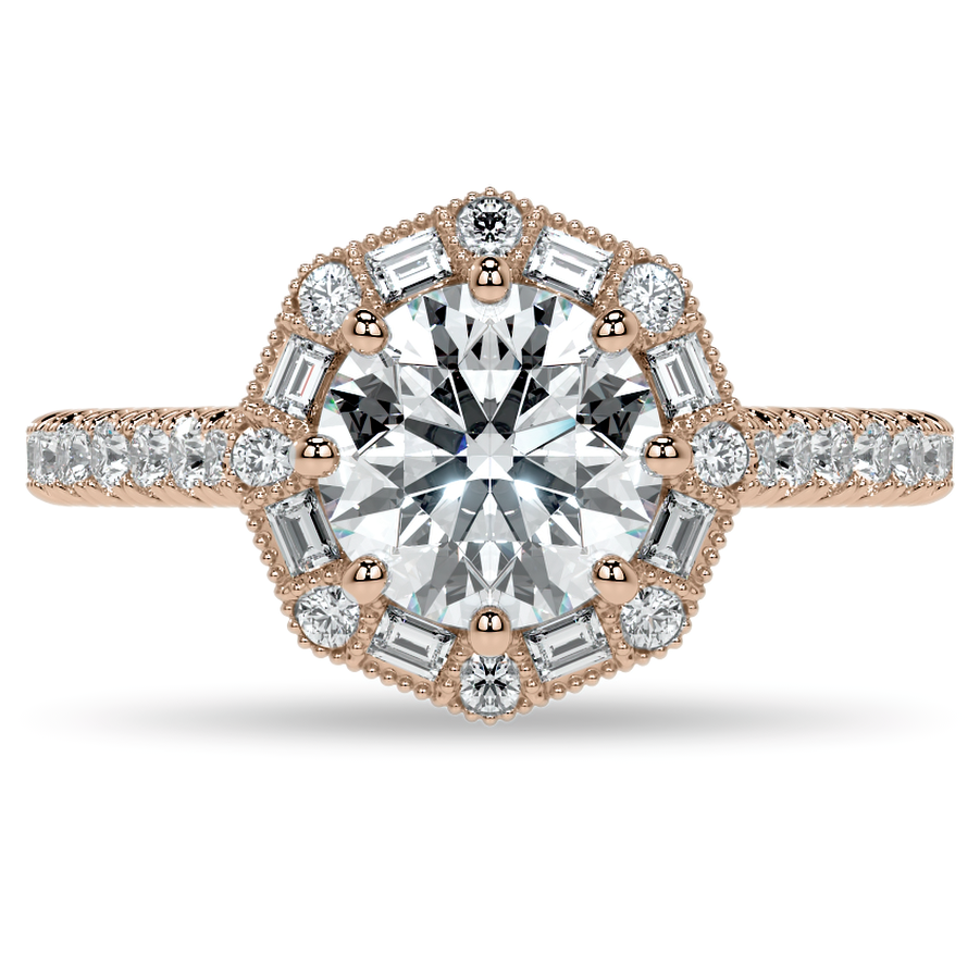 Baguette and Round Diamond Octagon Halo Moissanite Engagement Ring
