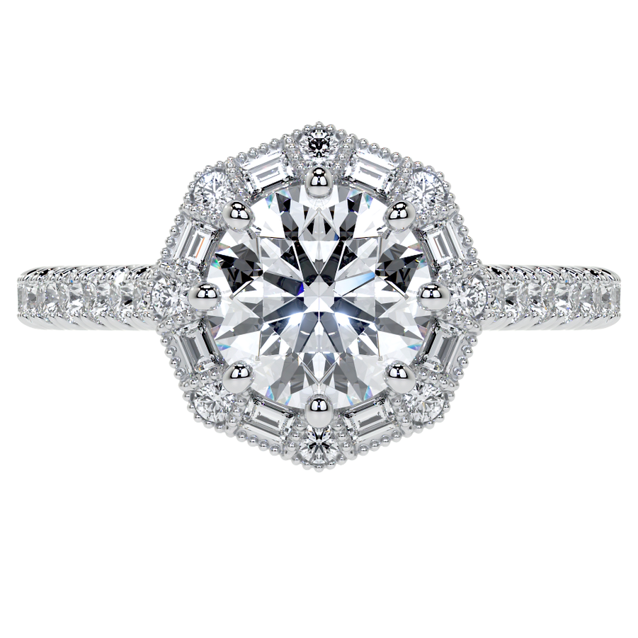 Baguette and Round Diamond Octagon Halo Moissanite Engagement Ring