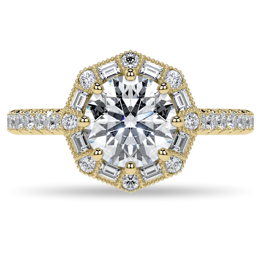 Baguette and Round Diamond Octagon Halo Moissanite Engagement Ring