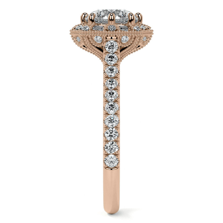 Baguette and Round Diamond Octagon Halo Moissanite Engagement Ring