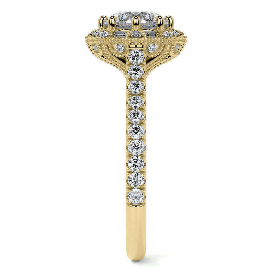 Baguette and Round Diamond Octagon Halo Moissanite Engagement Ring