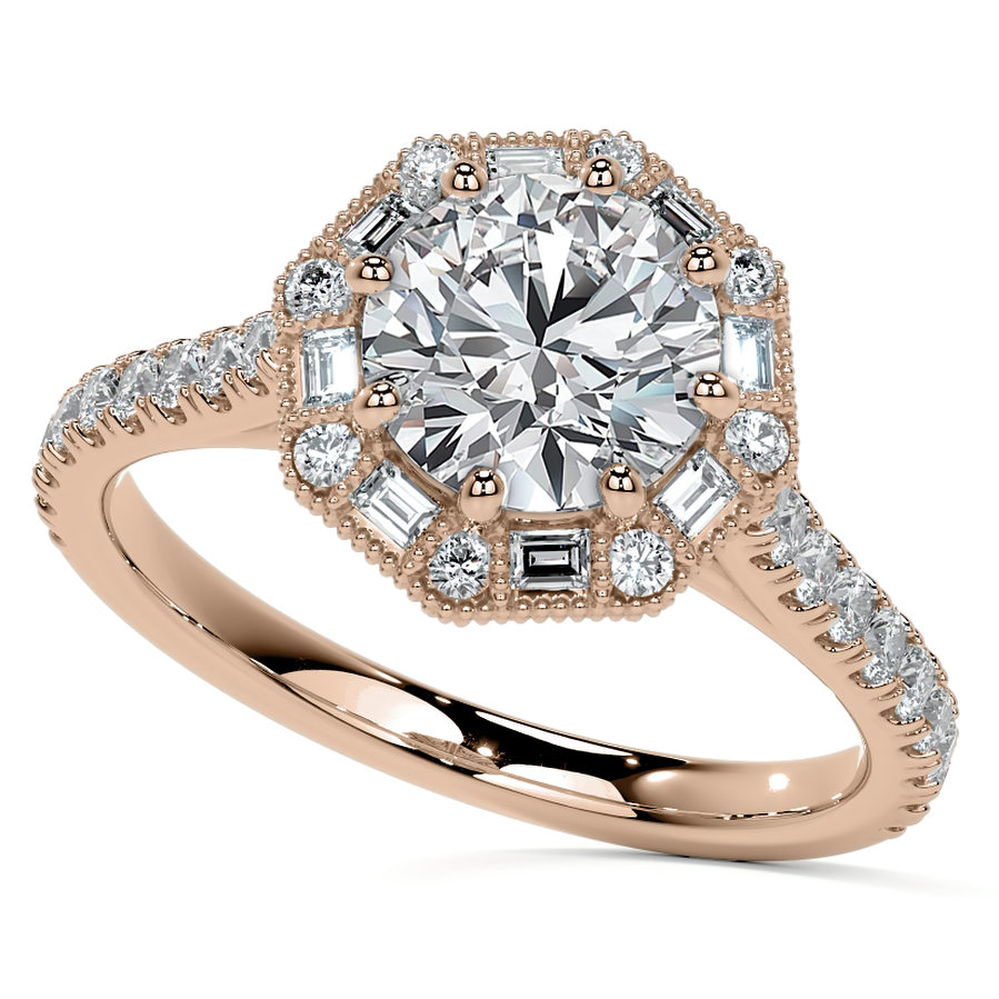 Baguette and Round Diamond Octagon Halo Moissanite Engagement Ring