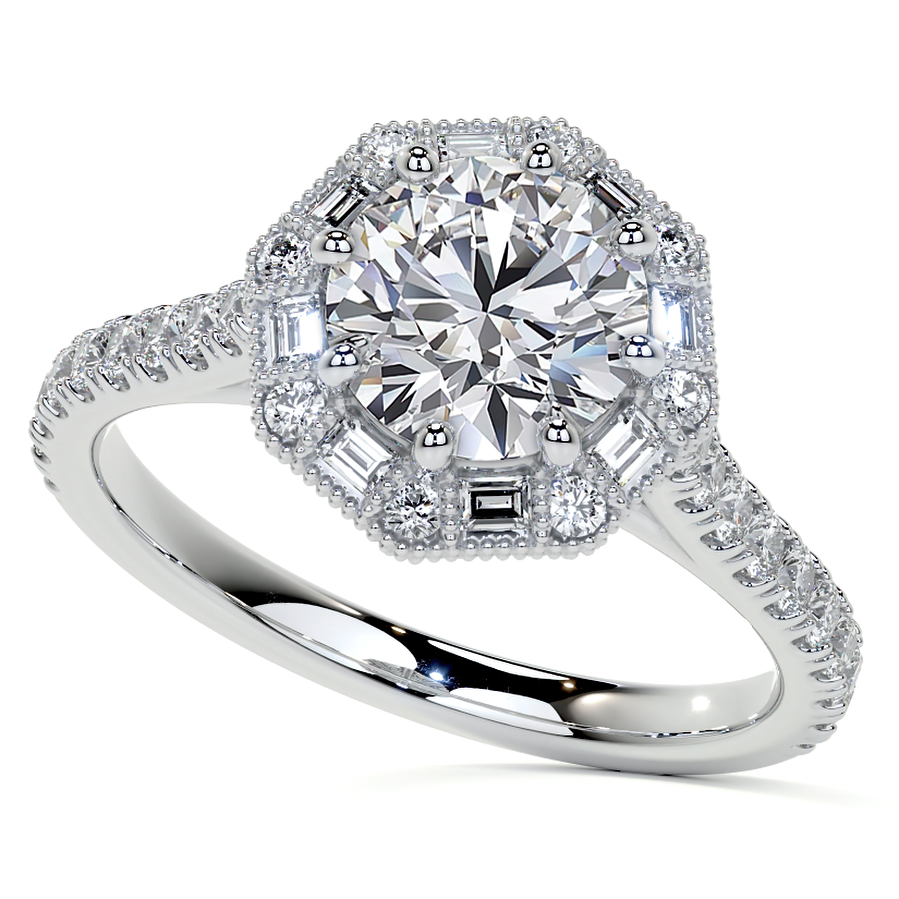 Baguette and Round Diamond Octagon Halo Moissanite Engagement Ring