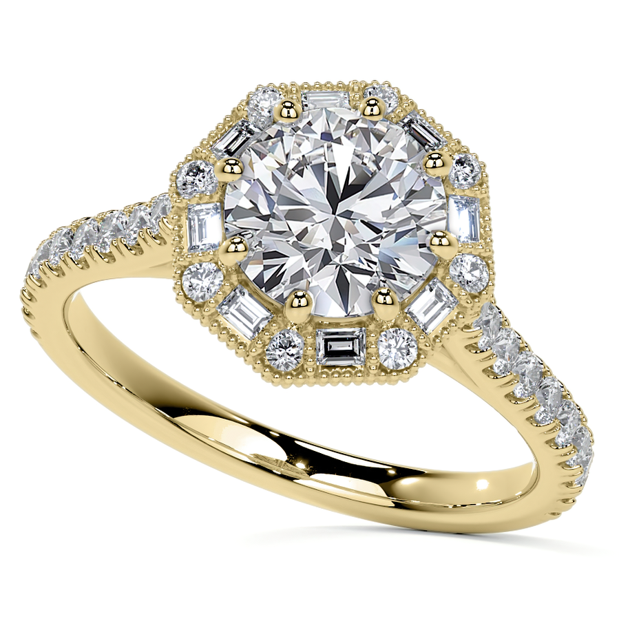 Baguette and Round Diamond Octagon Halo Moissanite Engagement Ring
