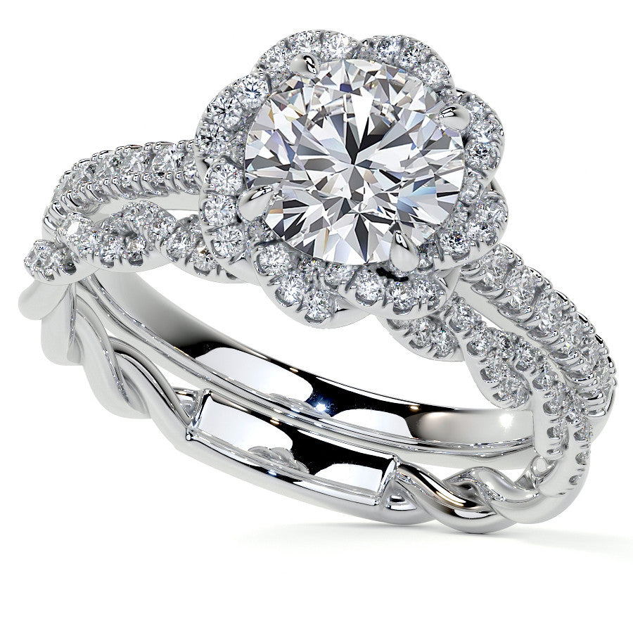 Twisted Halo Round Brilliant Moissanite Cathedral Engagement Ring