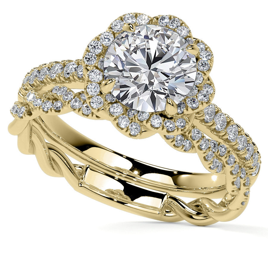 Twisted Halo Round Brilliant Moissanite Cathedral Engagement Ring