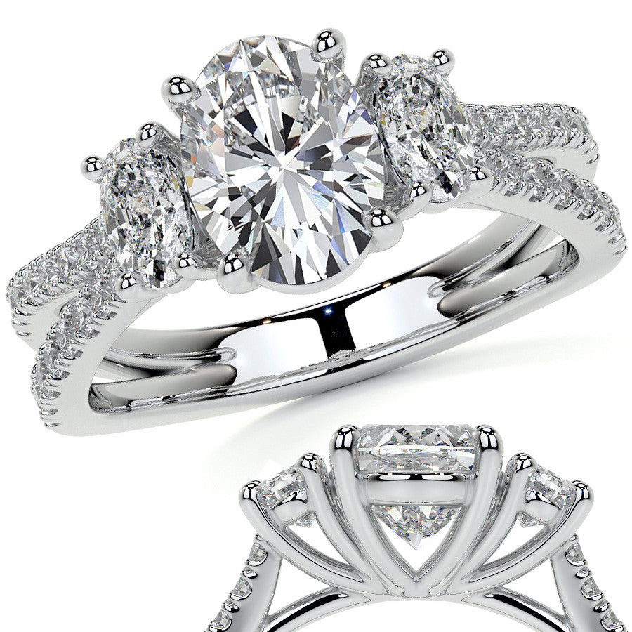 Split Shank Oval Three-Stone Moissanite Engagement Ring