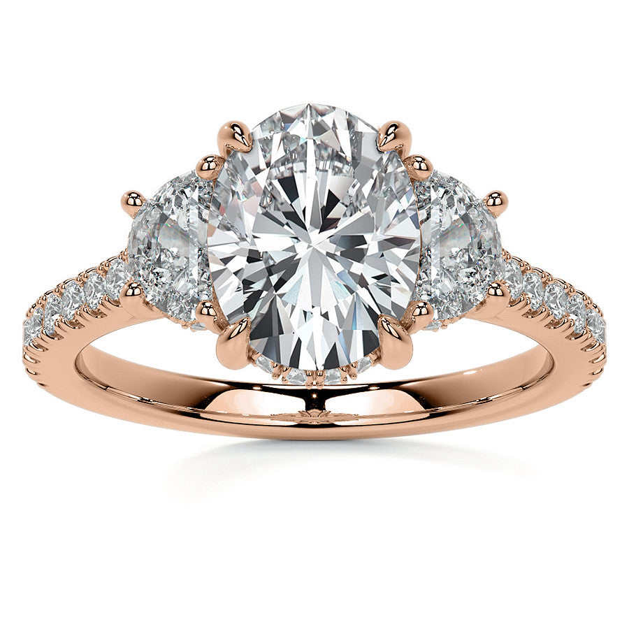 Oval and Half-Moon Three-Stone Moissanite Engagement Ring