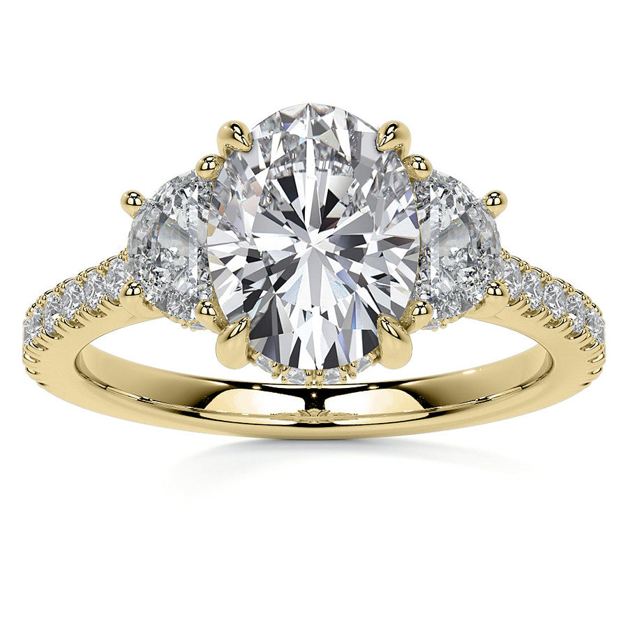Oval and Half-Moon Three-Stone Moissanite Engagement Ring