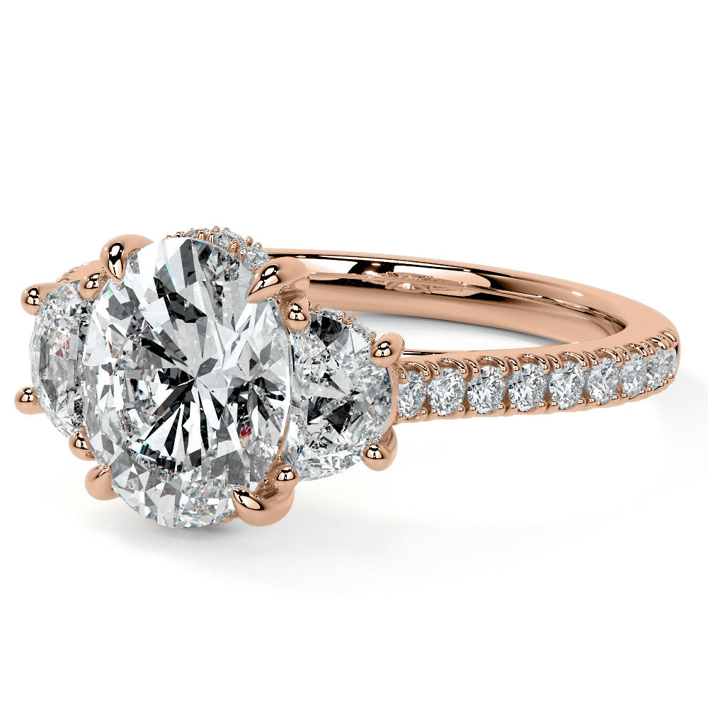 Oval and Half-Moon Three-Stone Moissanite Engagement Ring