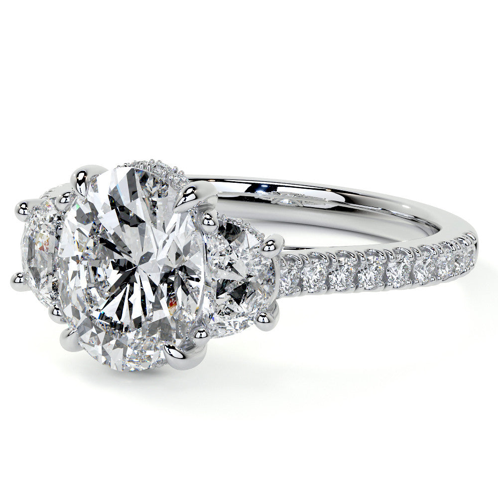 Oval and Half-Moon Three-Stone Moissanite Engagement Ring