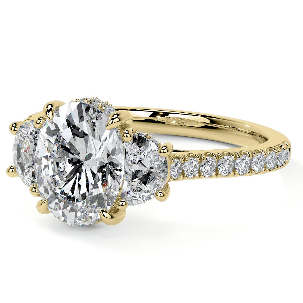 Oval and Half-Moon Three-Stone Moissanite Engagement Ring