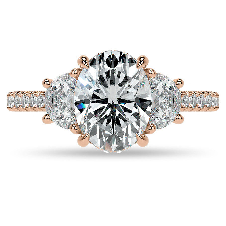 Oval and Half-Moon Three-Stone Moissanite Engagement Ring