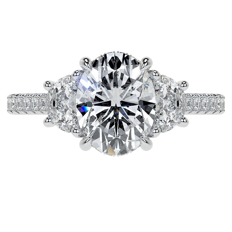 Oval and Half-Moon Three-Stone Moissanite Engagement Ring