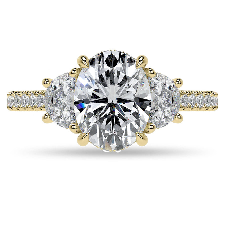 Oval and Half-Moon Three-Stone Moissanite Engagement Ring