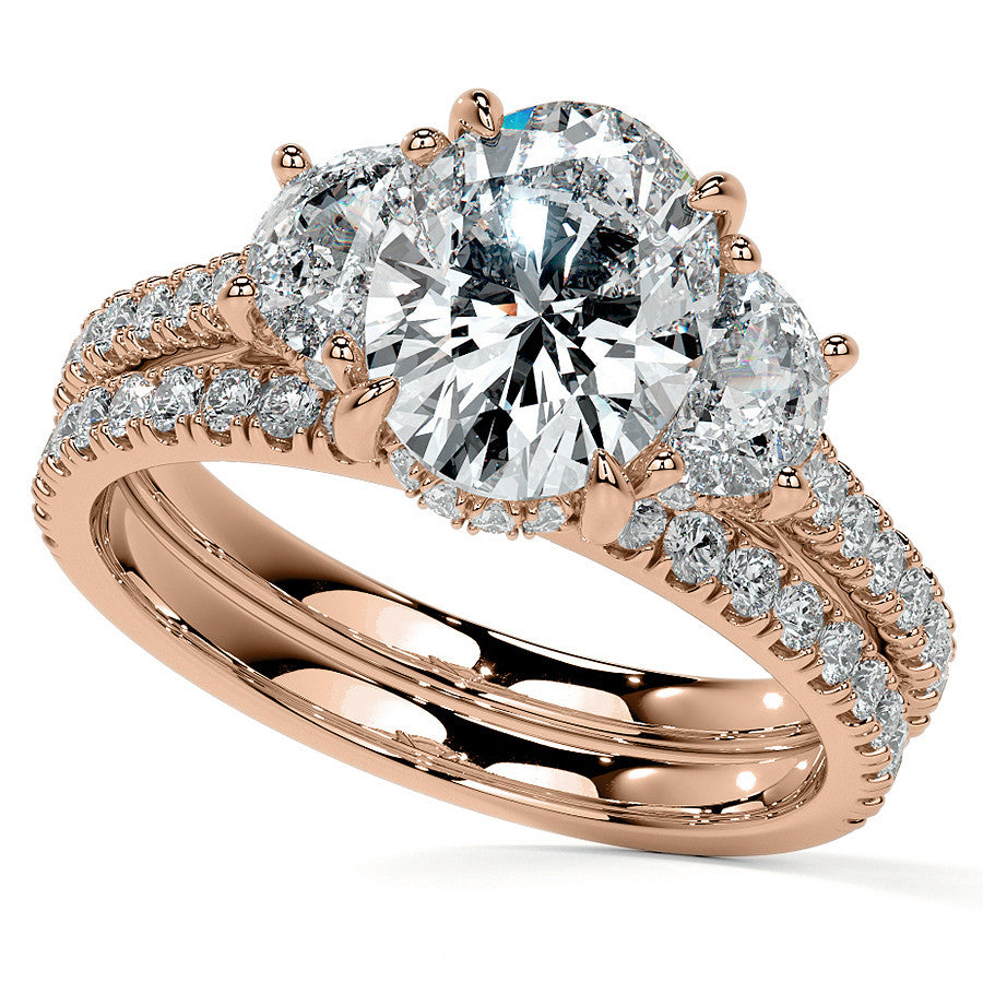 Oval and Half-Moon Three-Stone Moissanite Engagement Ring