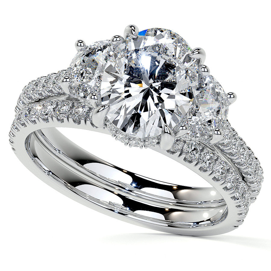 Oval and Half-Moon Three-Stone Moissanite Engagement Ring