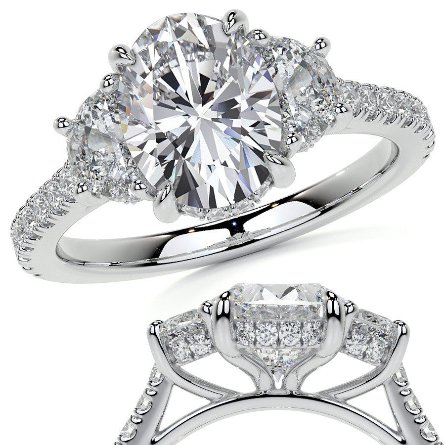 Oval and Half-Moon Three-Stone Moissanite Engagement Ring