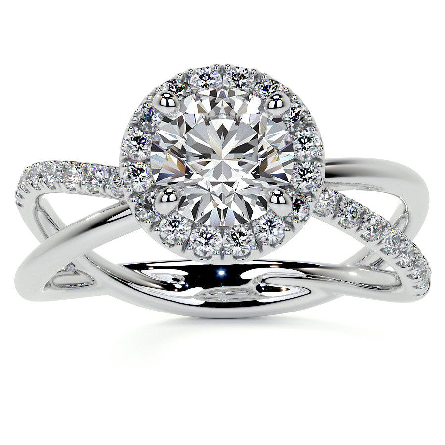 Round Trellis Split Shank Moissanite Engagement Ring with Halo