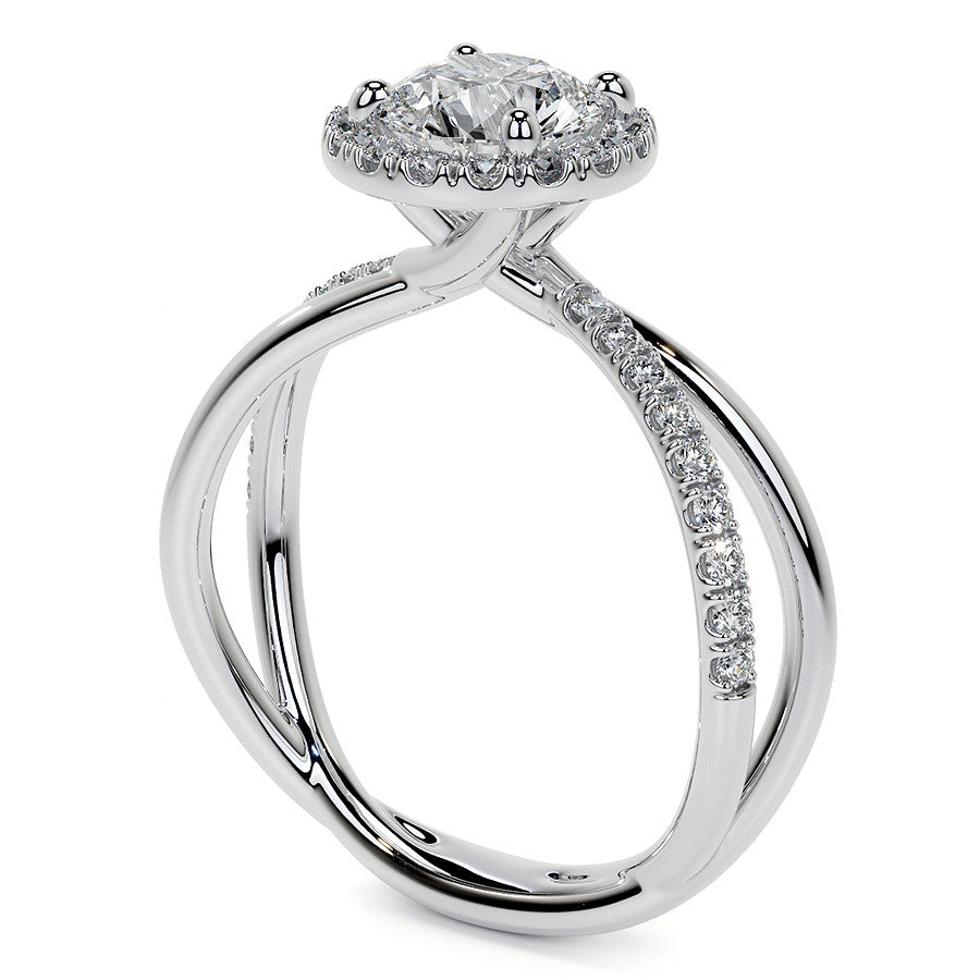 Round Trellis Split Shank Moissanite Engagement Ring with Halo