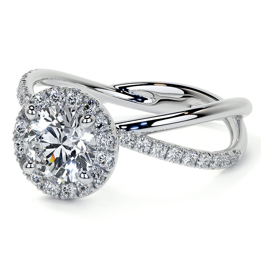 Round Trellis Split Shank Moissanite Engagement Ring with Halo