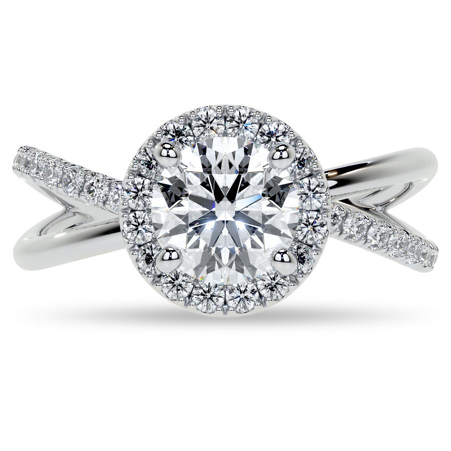 Round Trellis Split Shank Moissanite Engagement Ring with Halo