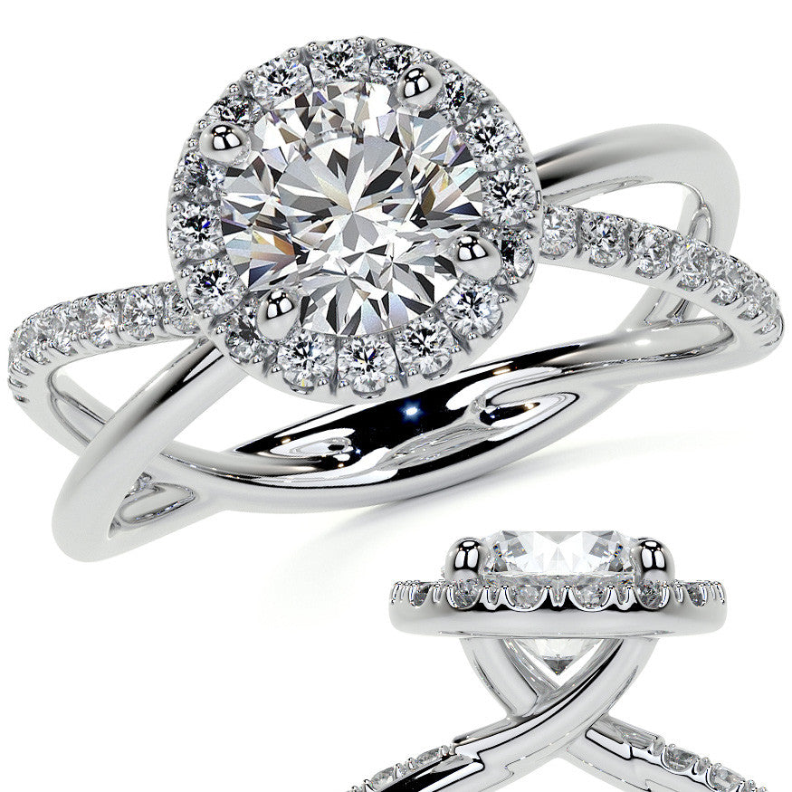 Round Trellis Split Shank Moissanite Engagement Ring with Halo