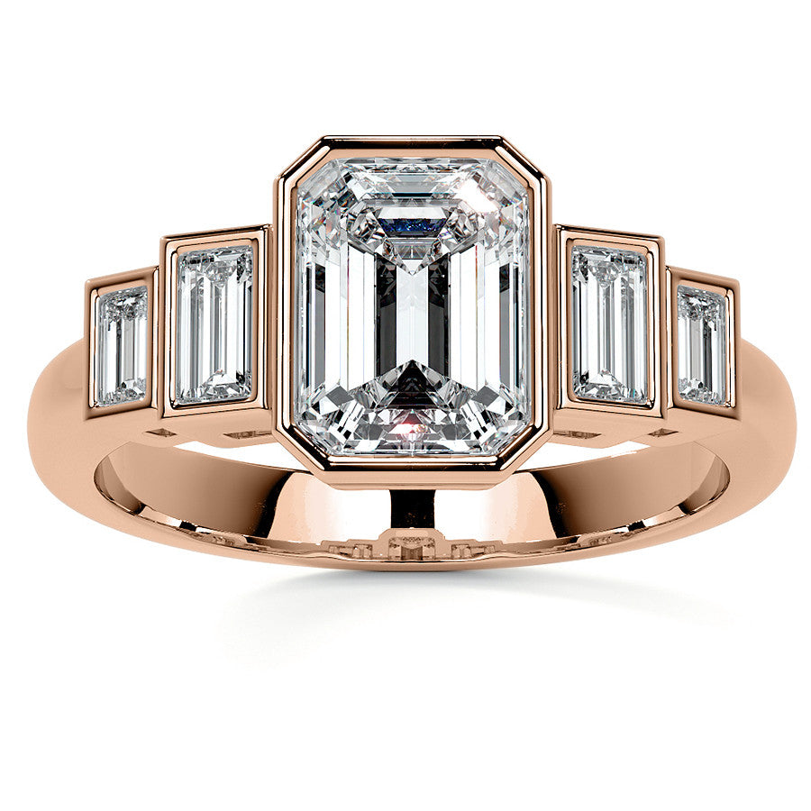 Unique Emerald / Radiant and Baguette 5-Stone Moissanite Bezel Eng