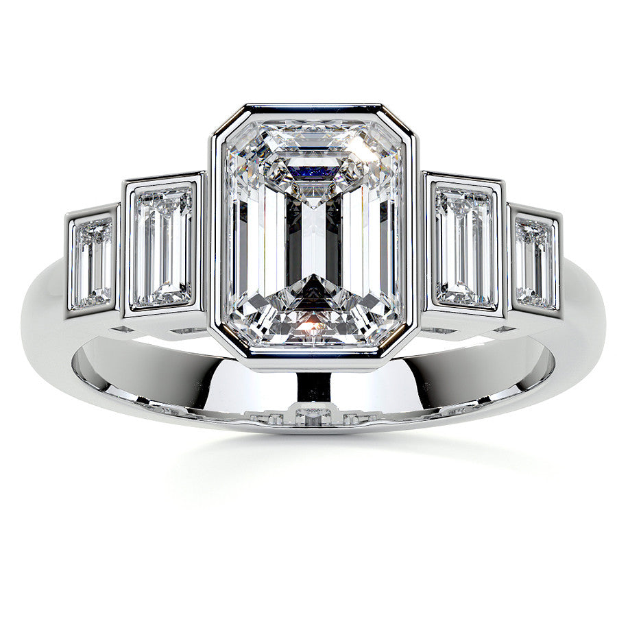 Unique Emerald / Radiant and Baguette 5-Stone Moissanite Bezel Eng