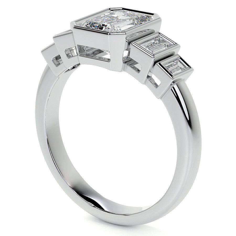 Unique Emerald / Radiant and Baguette 5-Stone Moissanite Bezel Eng