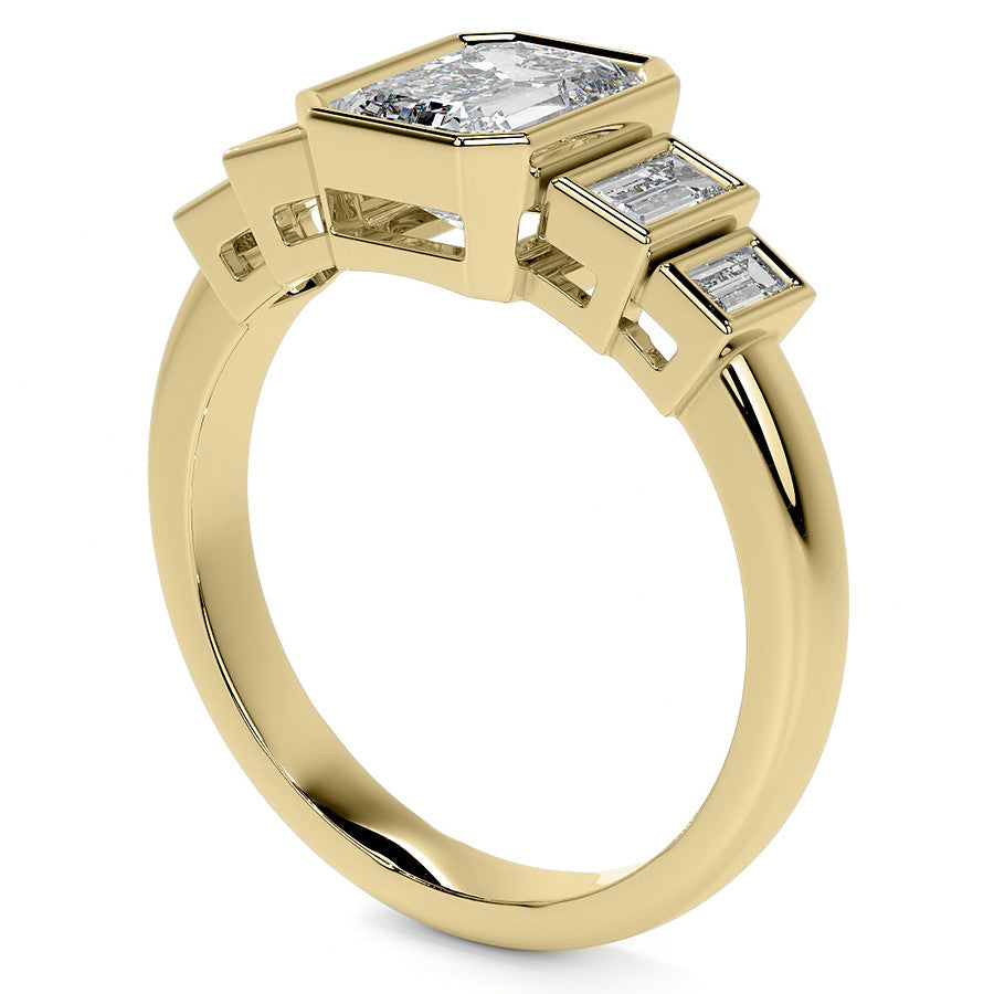 Unique Emerald / Radiant and Baguette 5-Stone Moissanite Bezel Eng