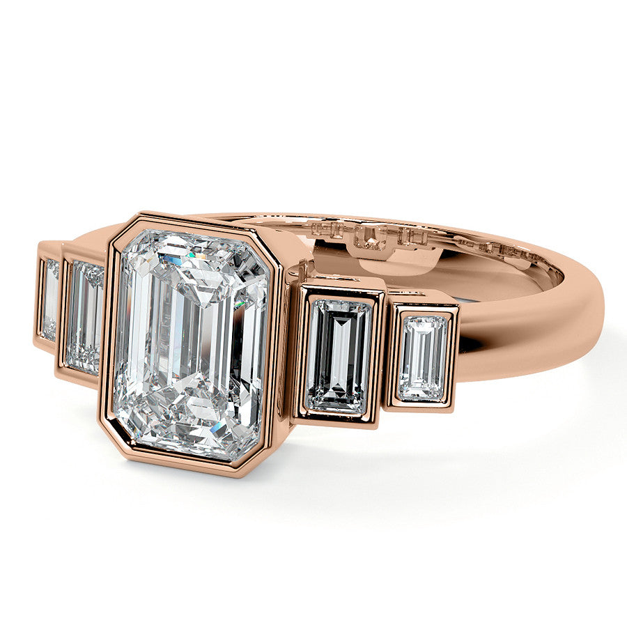 Unique Emerald / Radiant and Baguette 5-Stone Moissanite Bezel Eng