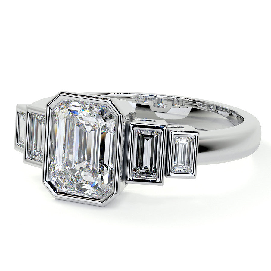 Unique Emerald / Radiant and Baguette 5-Stone Moissanite Bezel Eng