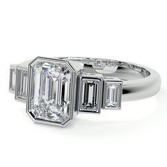 Unique Emerald / Radiant and Baguette 5-Stone Moissanite Bezel Eng