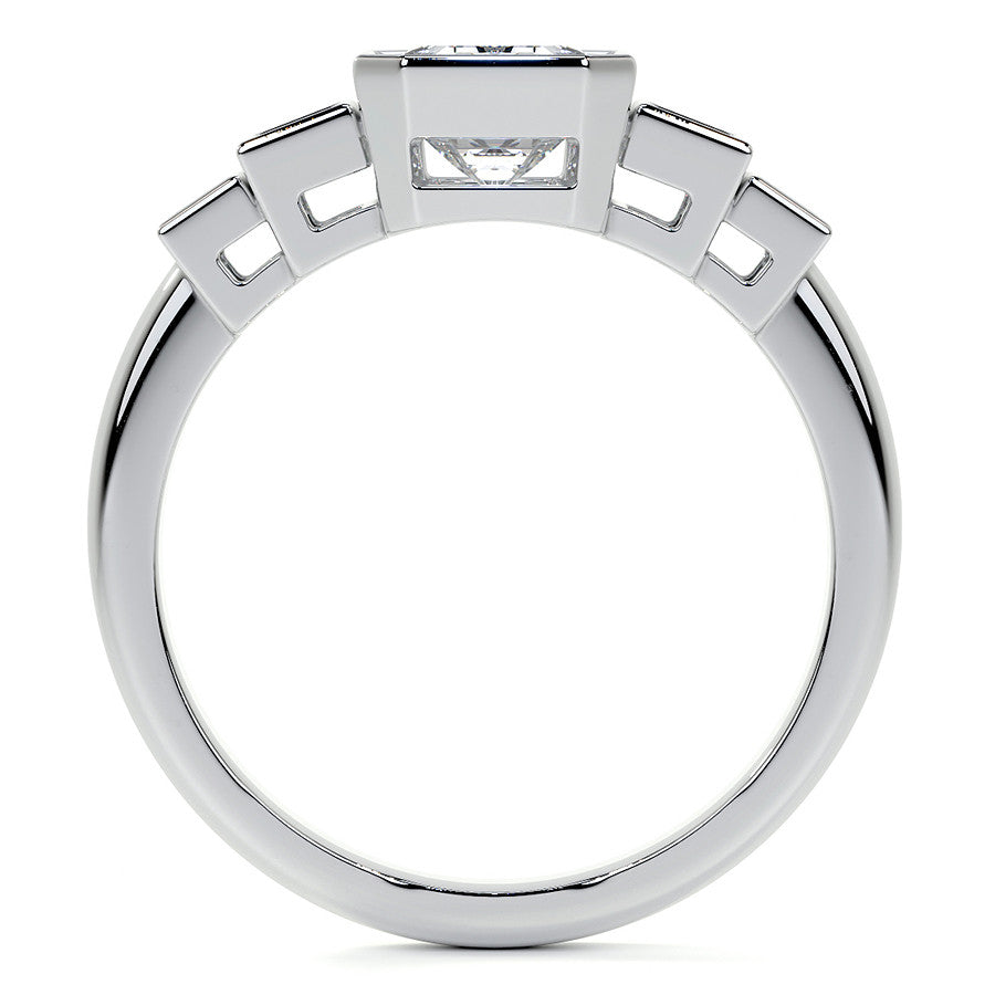 Unique Emerald / Radiant and Baguette 5-Stone Moissanite Bezel Eng