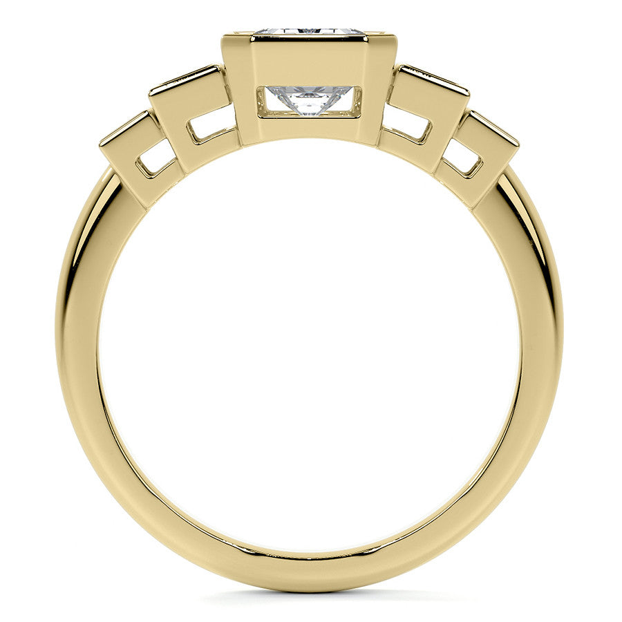 Unique Emerald / Radiant and Baguette 5-Stone Moissanite Bezel Eng