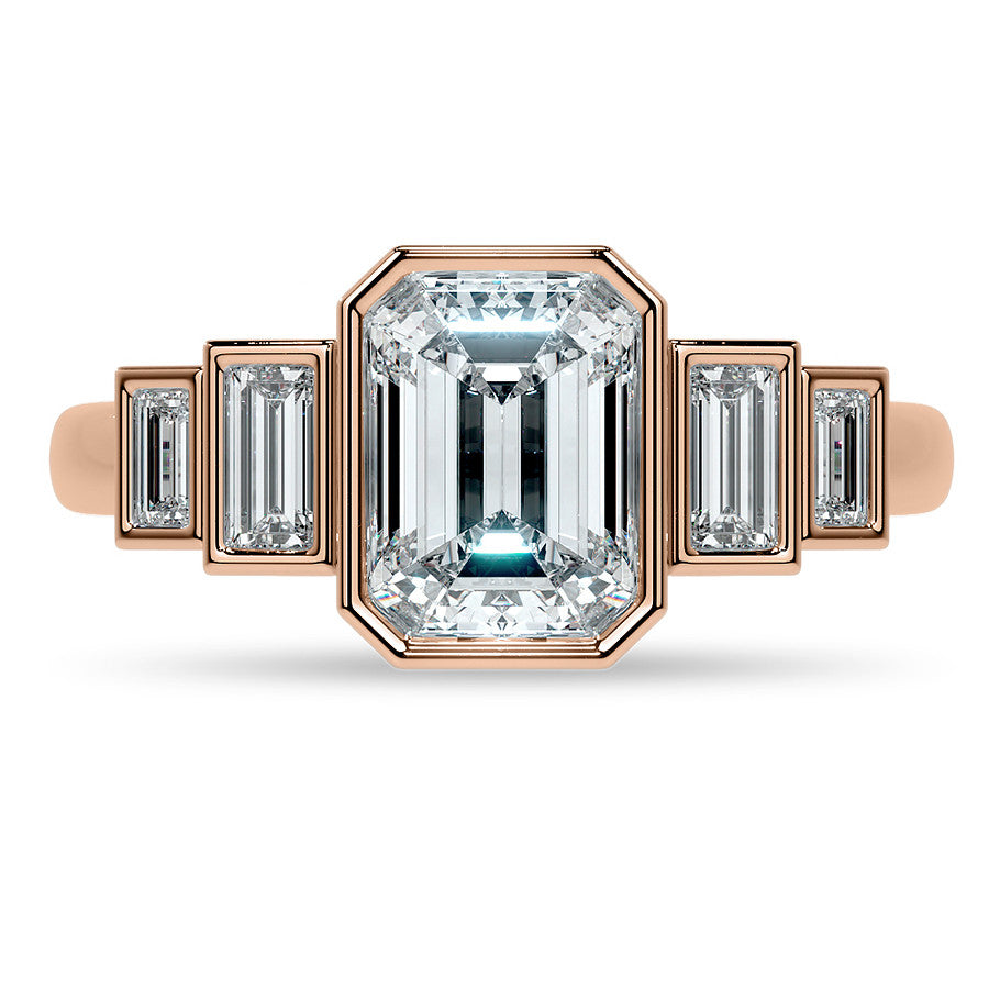 Unique Emerald / Radiant and Baguette 5-Stone Moissanite Bezel Eng