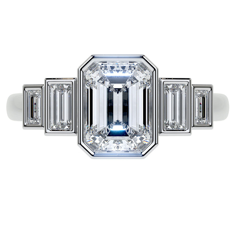 Unique Emerald / Radiant and Baguette 5-Stone Moissanite Bezel Eng