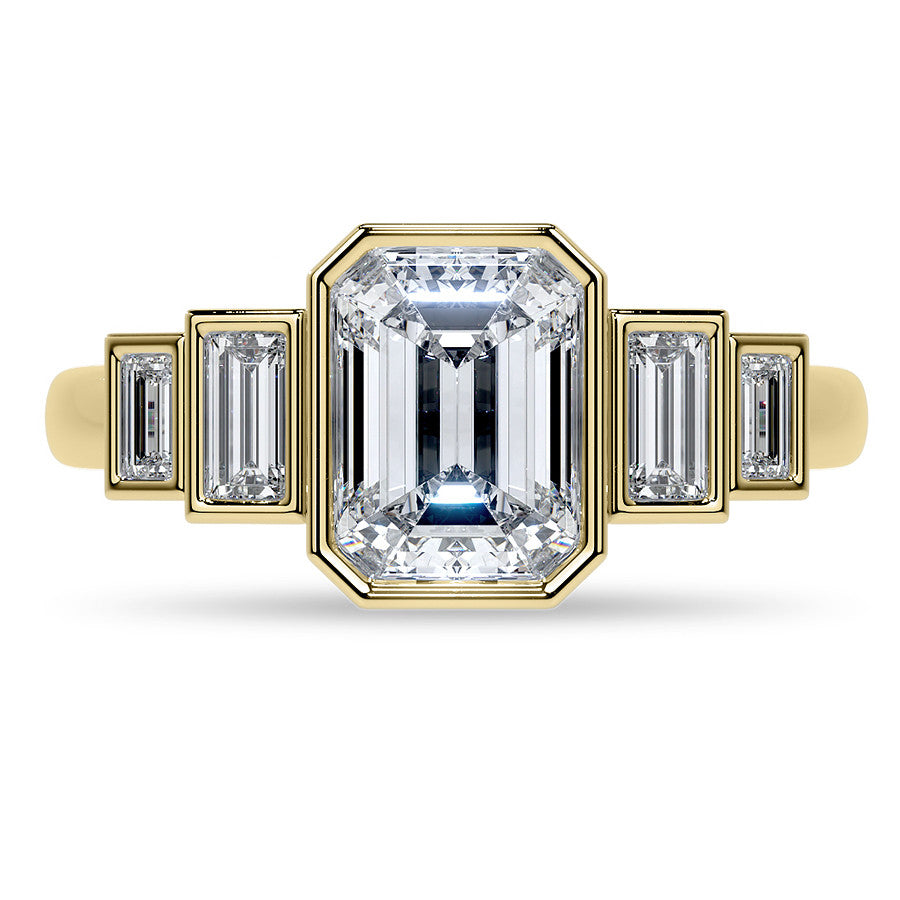 Unique Emerald / Radiant and Baguette 5-Stone Moissanite Bezel Eng