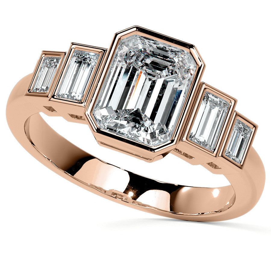 Unique Emerald / Radiant and Baguette 5-Stone Moissanite Bezel Eng