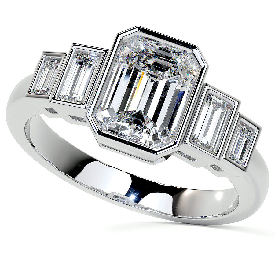 Unique Emerald / Radiant and Baguette 5-Stone Moissanite Bezel Eng