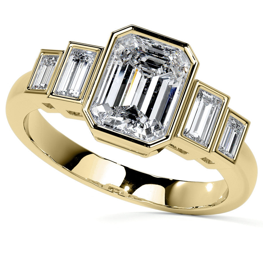 Unique Emerald / Radiant and Baguette 5-Stone Moissanite Bezel Eng