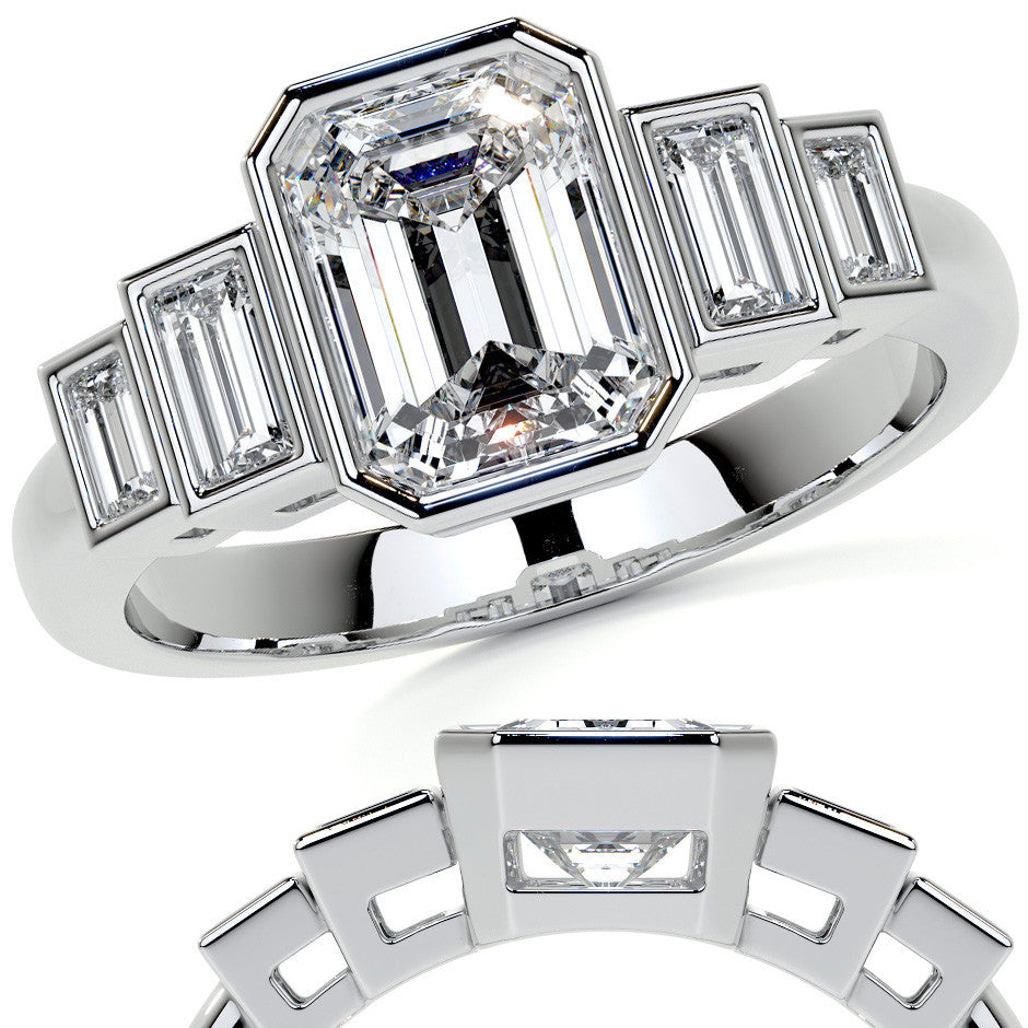 Unique Emerald / Radiant and Baguette 5-Stone Moissanite Bezel Eng